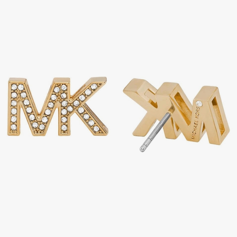 MICHAEL KORS Womens MK Logo Stud Earrings Pave Crystals Gold Tone Glitz